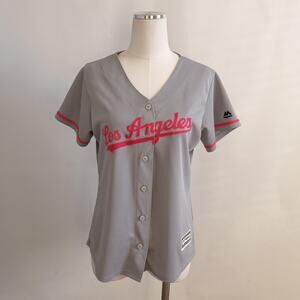 Los Angeles Dodgers Jersey Womens Large Gray Pink MLB Baseball Kershaw Majestic